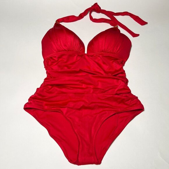 Victoria Secret Medium M One Piece Swimsuit Bikini Push Up Ruched Lipstick Red - Picture 1 of 9